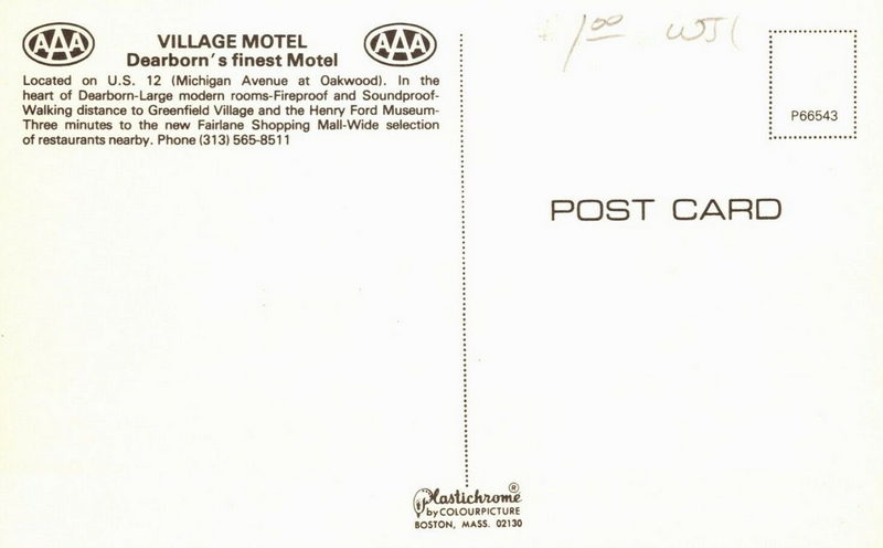 Village Motel (Village Inn of Dearborn) - Vintage Postcard Back